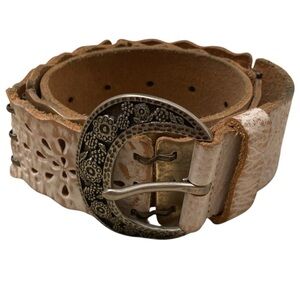 Fossil Metallic Leather Embossed Statement Belt Floral Boho Women Small Festival